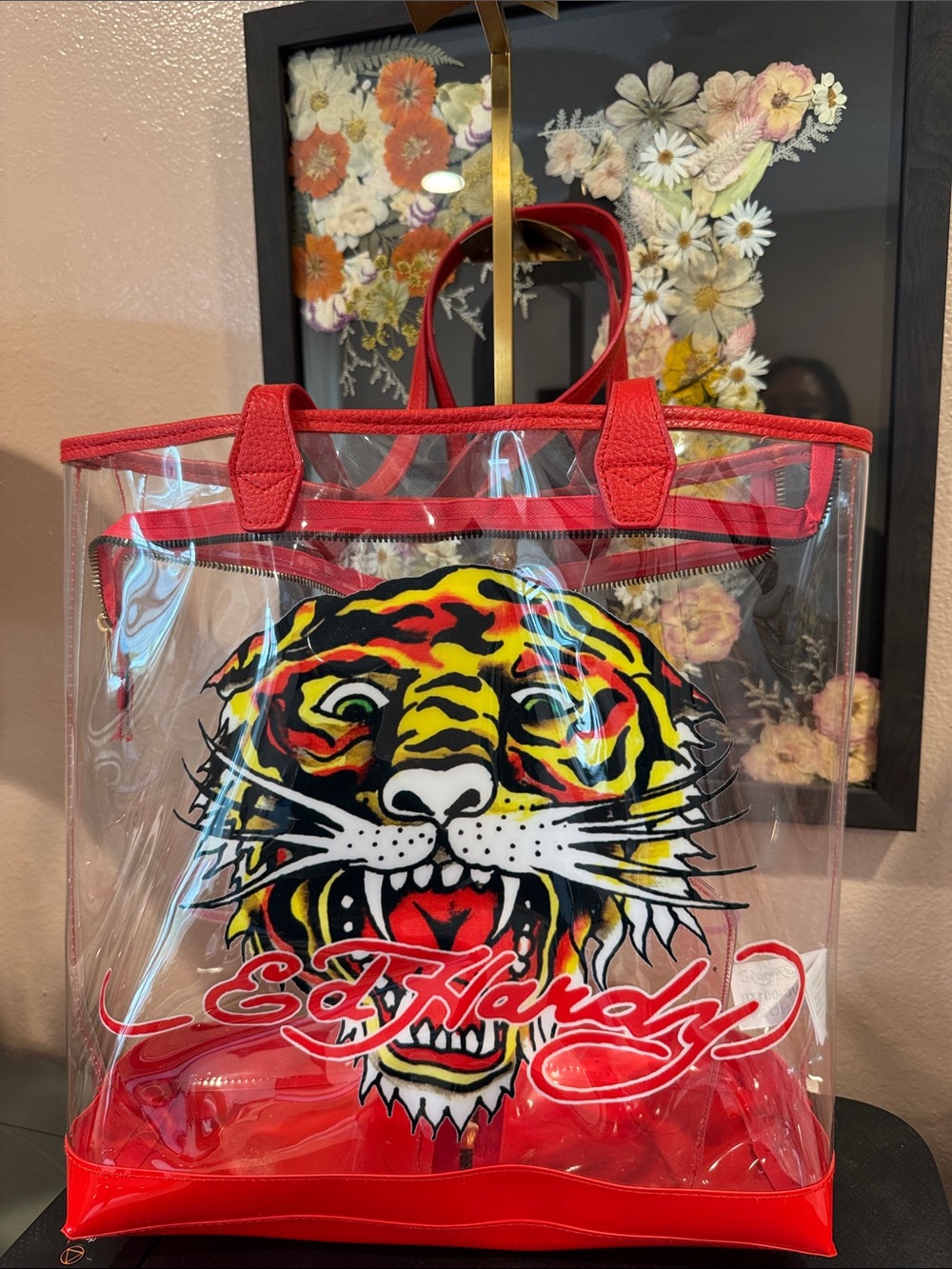 Ed Hardy Red Clear Tote with Multicolor Tiger Graphic